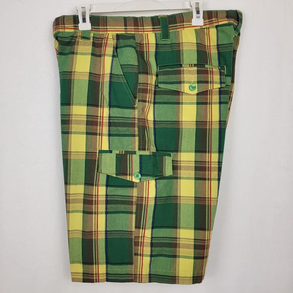 Koman Vintage Cargo Shorts Mens XL 36-38‎ Green Plaid Y2K Retro Gorpcore